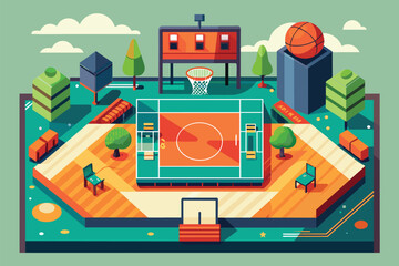 A basketball court enclosed by green trees and urban buildings under a clear sky, Basketball court Customizable Flat Illustration