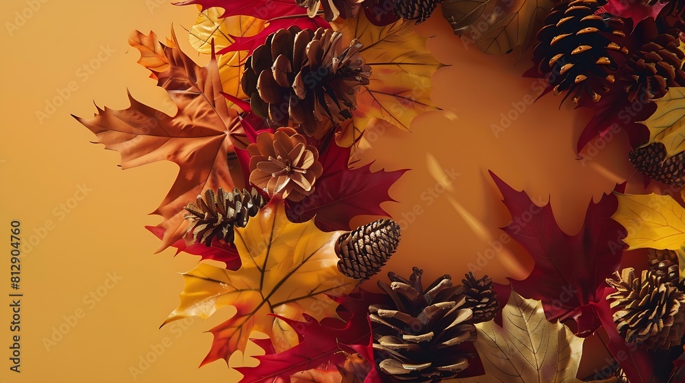 Poster autumn composition wreath made of autumn leaves pine cones anise star flat lay top view copy space :