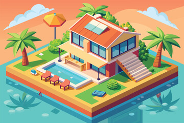 Fototapeta premium House located on an island with a pool in the backyard, surrounded by water, Beach house Customizable Isometric Illustration