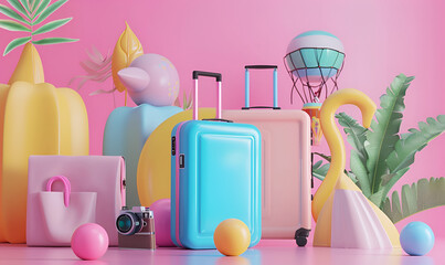 3D cartoon minimal style, travel online booking service on smartphone Suitcase camera floating.Tourism trip planning world tour, leisure touring holiday summertime concept. 3d rendering