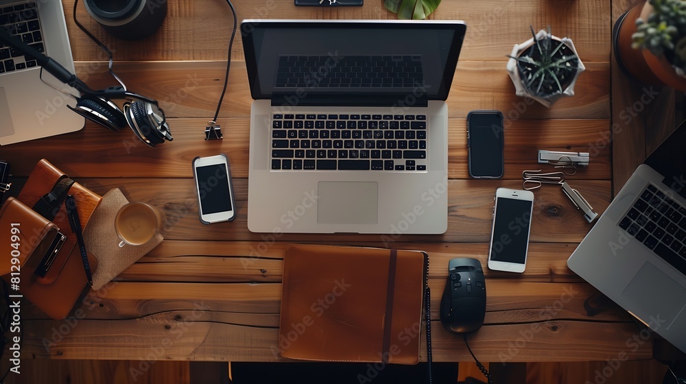 Poster Wood office desk table with smartphone laptop computer and supplies Top view with copy space flat lay : Generative AI