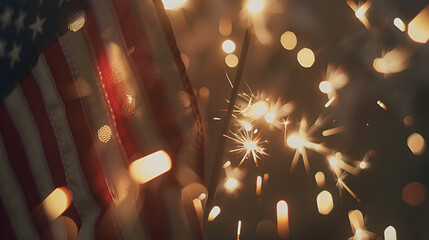 United States flag with sparkle fireworks and smoke. Happy Independence Day of USA background concept.
