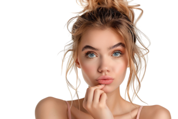 Portrait of nervous minded pretty lady biting finger nail look interested on transparent background