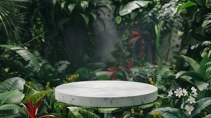 Natural stone and concrete podium in tropical forest with flowers Empty showcase for packaging product presentation Background for cosmetic products scene with green leaves Mock up ped : Generative AI