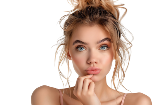 Portrait of nervous minded pretty lady biting finger nail look interested on transparent background