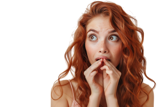 Portrait of nervous minded pretty lady biting finger nail look interested on transparent background