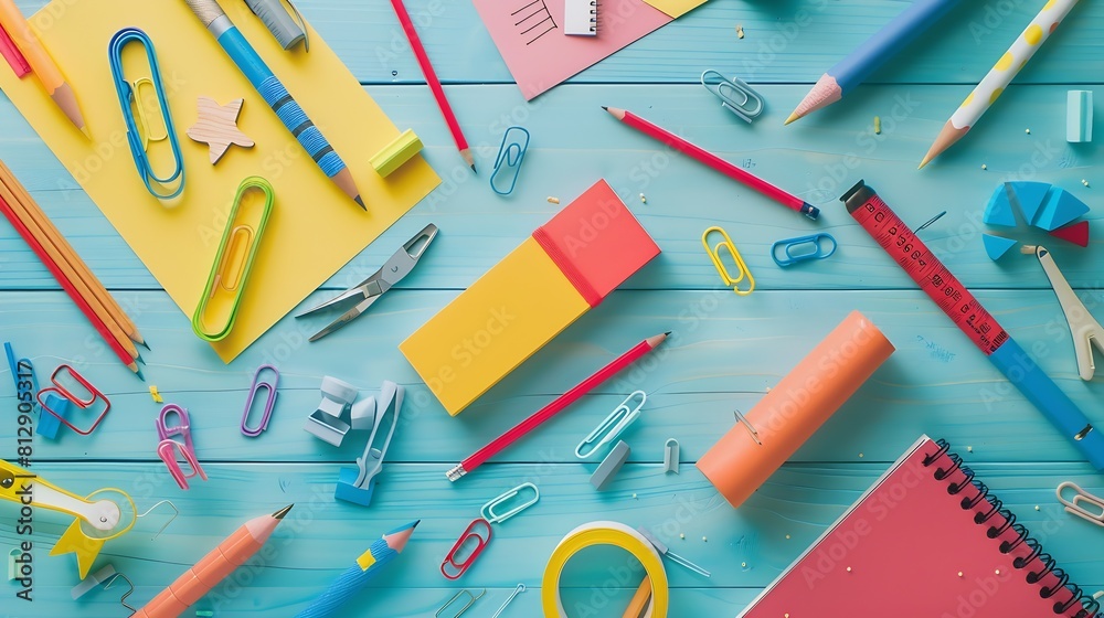 Aufkleber school stationery on wooden background back to school creative layout template with copy space flat 