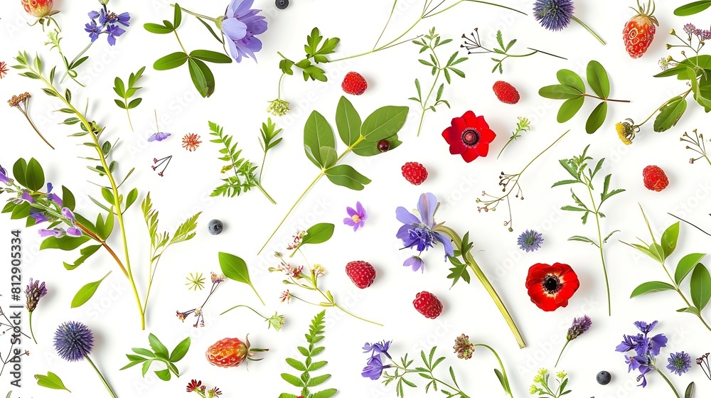 Poster seamless pattern from plants wild flowers and berries isolated on white background flat lay top view