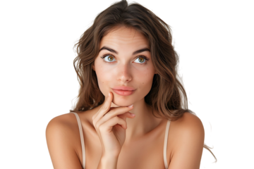 Portrait of nervous minded pretty lady biting finger nail look interested on transparent background