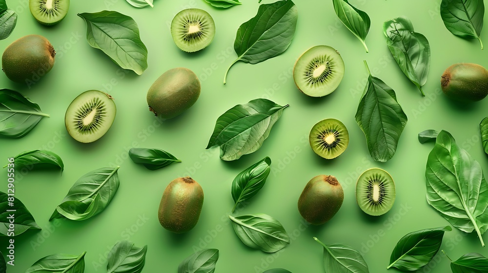 Poster creative layout made of kiwi and leaves flat lay food concept kiwi on green background : generative 