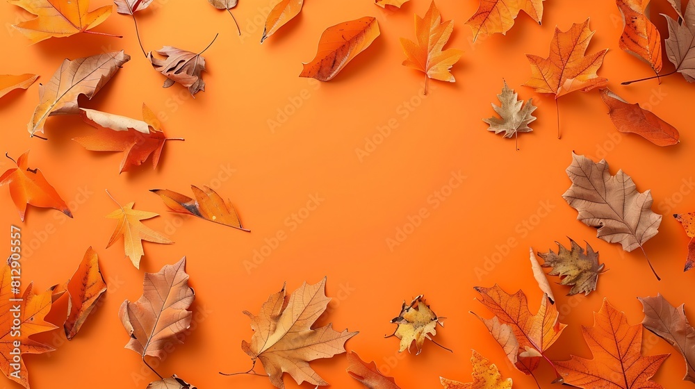 Aufkleber Frame of different dry leaves on an orange background flat flat top view copy space Autumn composition screensaver Creative layout of colorful autumn leaves Autumn season concept : Generative AI