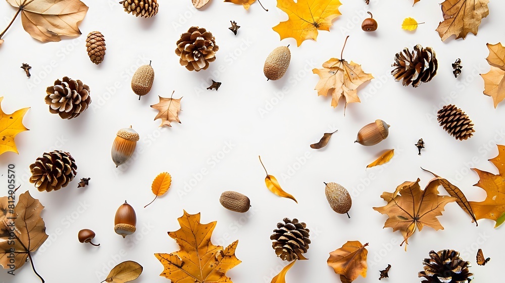Poster Autumn composition Frame made of autumn leaves acorn pine cones on white background Flat lay top view copy space : Generative AI