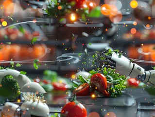 Explore a side view of a futuristic AI chef concocting innovative dishes with precision Showcase the blend of technology and culinary artistry in vivid, photorealistic detail