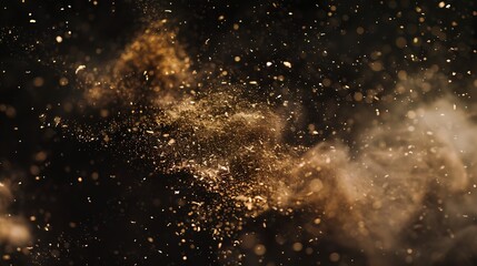 Dust and wood chips on a black background Dirt particles fly in the air Layout for design Some dust particles are blurred to transmit the effect of motion : Generative AI