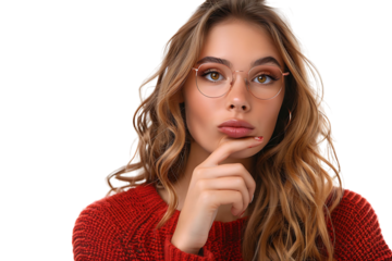 Portrait of nervous minded pretty lady biting finger nail look interested on transparent background