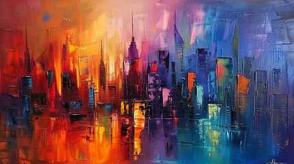 A colorful cityscape with a lot of buildings and a lot of oil paint splatters