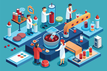 A group of scientists conducting blood research in a lab setting, working together on experiments and analysis, Blood research Customizable Isometric Illustration