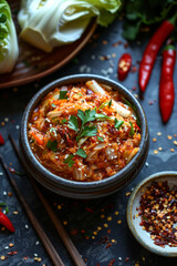 Delicious Spicy Kimchi in Ceramic Bowl with Fresh Ingredients