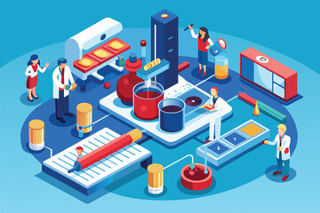 A group of individuals standing around a machine used for blood research, depicted in a customizable isometric illustration, Blood research Customizable Isometric Illustration