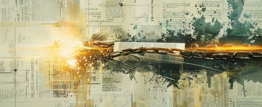 Symbolic Scene of "Pen Mightier Than Sword" with Pen Breaking Chains Around Newspapers Against Historic and Contemporary Press Moments Backdrop