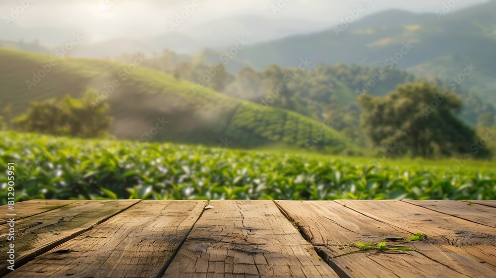 Aufkleber Wooden table top on blur green tea mountain and grass fieldFresh and Relax conceptFor montage product display or design key visual layoutView of copy space : Generative AI