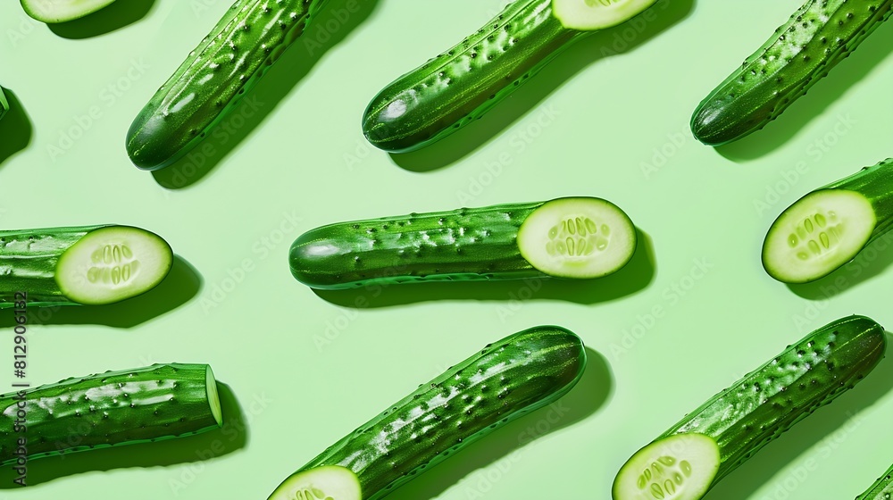 Poster creative layout made of cucumber on the green background flat lay food concept : generative ai