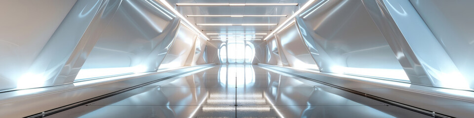 Naklejka premium Futuristic Modern Airport Terminal Hallway with Symmetrical Design and Blue Lighting