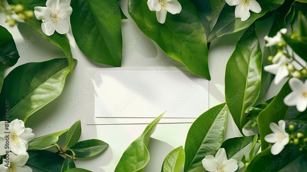Poster creative layout made of green leaves and white flowers with paper card note flat lay nature concept 