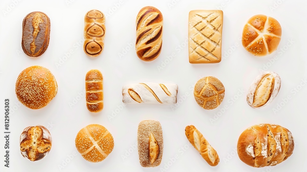 Poster creative layout made of breads on white background flat lay food concept : generative ai