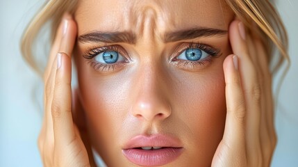 Fototapeta premium A woman with blue eyes covering her eyes with her hands
