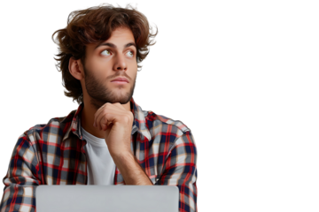 Portrait of man wear stylish shirt thoughtfully hold laptop on transparent background