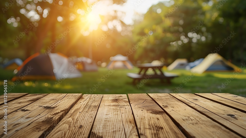 Poster Wooden table top on blur tent camping travel tent and grass fieldFresh and Relax conceptFor montage product display or design key visual layoutView of copy space : Generative AI