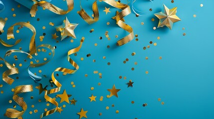 2024 gold colored numbers ribbons and stars confetti on a blue background New Year festive layout with copy space : Generative AI