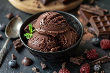 Rich chocolate ice cream served in a black bowl, garnished with fresh mint