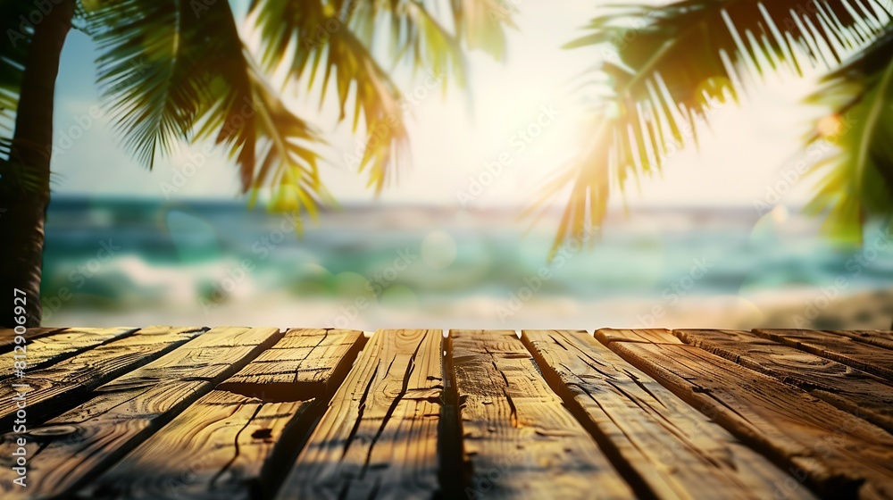 Aufkleber Blur tropical beach with bokeh sun light wave and palm tree on copy space empty old wood table abstract background Product presentation in nature Vintage tone filter effect color style : Generative AI