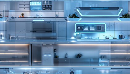 Capture a wide-angle view of a futuristic kitchen where holographic recipe guides seamlessly integrate with robotic chefs, painting a sci-fi culinary masterpiece