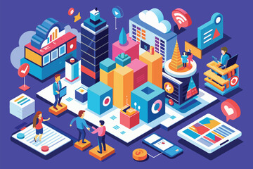 Naklejka premium Multiple individuals gathered together, discussing content on a smartphone screen, Brand communication Customizable Isometric Illustration