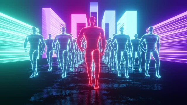 Group of blue and red digital people walking on a colorful background in vaporwave 1980s retro style for scifi projects, templates, banners, posters. 4k footage. Animation 3d. Repeat seamless loop.