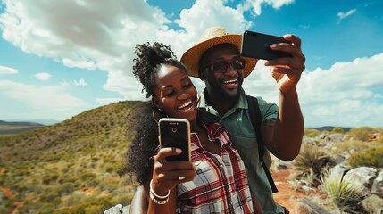 Black couple with phone travel and adventure happy outdoors in outback Australia during summer vacation Romantic bonding roadtrip and smile search for map on mobile app or internet : Generative AI
