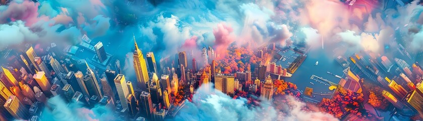 Capture the pulsating energy of AI in a vibrant aerial view showcasing futuristic cityscapes merging with nature through dreamy strokes of impressionism