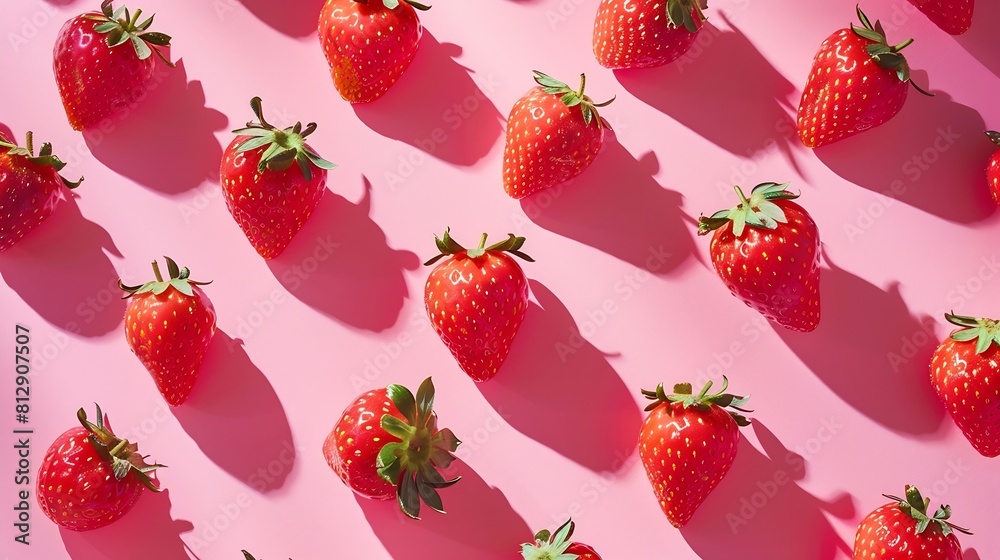 Poster Colorful pattern of strawberries on pink background Top view : Generative AI
