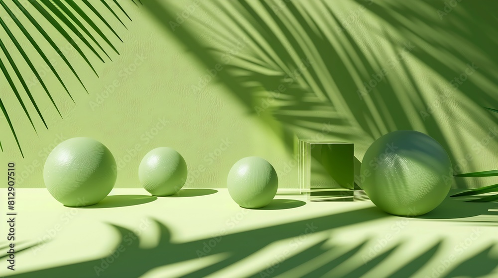Poster minimal abstract scene with grass balls and the shadow of palm leaves on a green background premium 