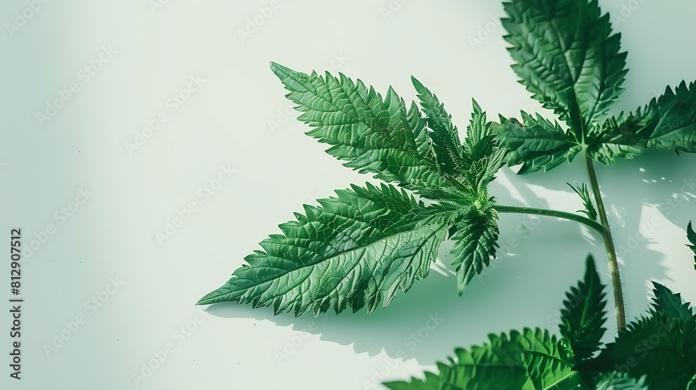 Poster creative nettle leaves layout with paper card note copy space minimal nature concept flat lay green 