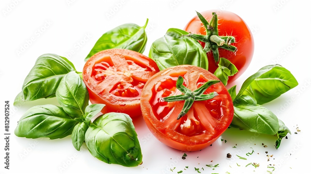 Poster tomato and basil leaves creative composition isolated on white background food healthy eating and di