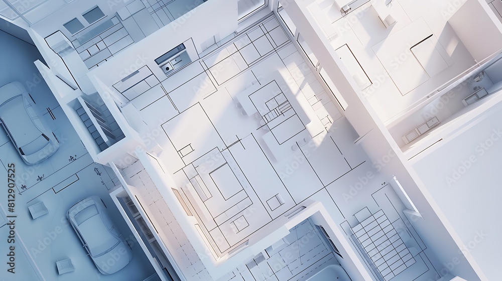 Fototapete top view of architectural design project of new modern home creative construction studio background 