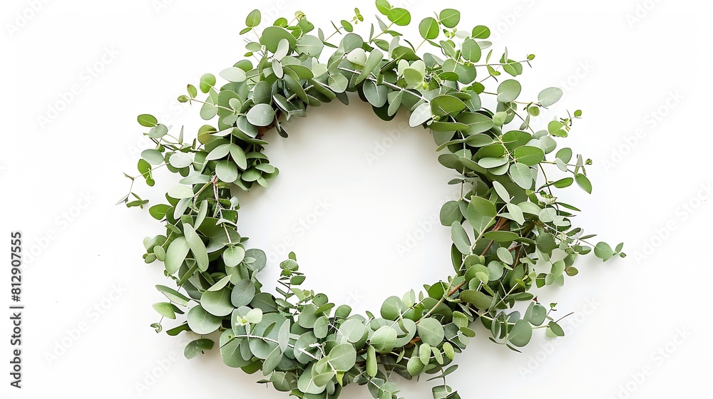 Poster Eucalyptus on white background Wreath made of eucalyptus branches Flat lay top view copy space : Generative AI