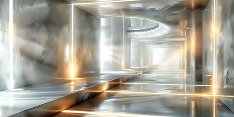 Futuristic Underground Corridor with Glowing Windows, Concrete Blocks, and Sci-Fi Elements. Concept Futuristic Design, Underground Corridor, Glowing Windows, Sci-Fi Elements, Concrete Blocks