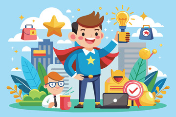 Fototapeta premium A man in a cape standing in front of a laptop, engaged in online activities, Brand loyalty Customizable Cartoon Illustration
