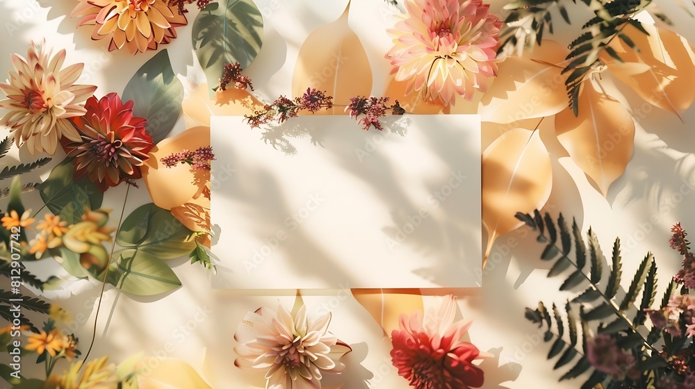 Poster creative layout made of flowers and leaves with paper card note flat lay nature concept : generative