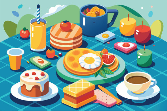 Various food items, including fruits, vegetables, bread, and cheese, arranged on a table, Breakfast Customizable Disproportionate Illustration